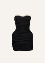 Load image into Gallery viewer, Strapless ruched silk mini dress in black
