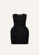 Load image into Gallery viewer, Strapless ruched silk mini dress in black
