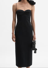 Load image into Gallery viewer, Flower appliqué silk midi dress in black
