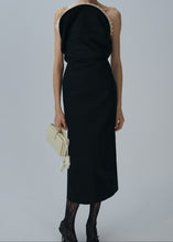 Load image into Gallery viewer, Lace trim sculptural midi dress in black
