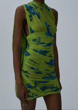 Load image into Gallery viewer, Sheer draped mini dress in green print
