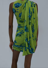 Load image into Gallery viewer, Sheer draped mini dress in green print
