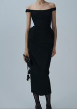 Load image into Gallery viewer, Off-shoulder hip pad midi dress in black
