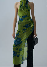 Load image into Gallery viewer, High-neck floral applique midi dress in green print
