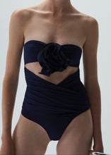 Load image into Gallery viewer, Flower appliqué strapless cutout swimsuit in navy

