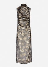 Load image into Gallery viewer, Sheer high-neck midi dress in black print
