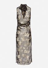Load image into Gallery viewer, Sheer high-neck midi dress in black print
