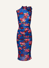 Load image into Gallery viewer, Ruched mock neck midi dress in blue floral print

