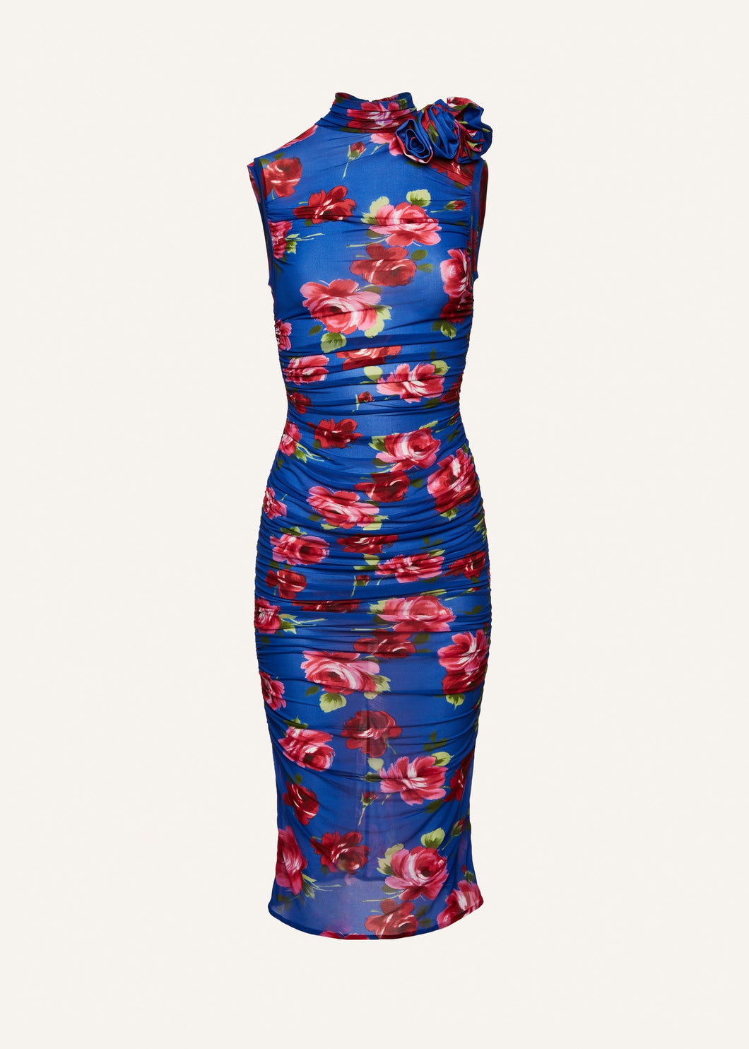Ruched mock neck midi dress in blue floral print