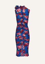 Load image into Gallery viewer, Ruched mock neck midi dress in blue floral print
