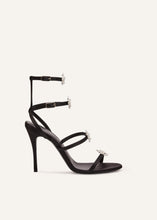 Load image into Gallery viewer, RE23 STRAPPY SANDAL BLACK SATIN CRYSTAL FLOWERS
