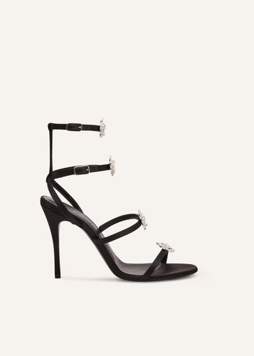 RE23 STRAPPY SANDAL BLACK SATIN CRYSTAL FLOWERS