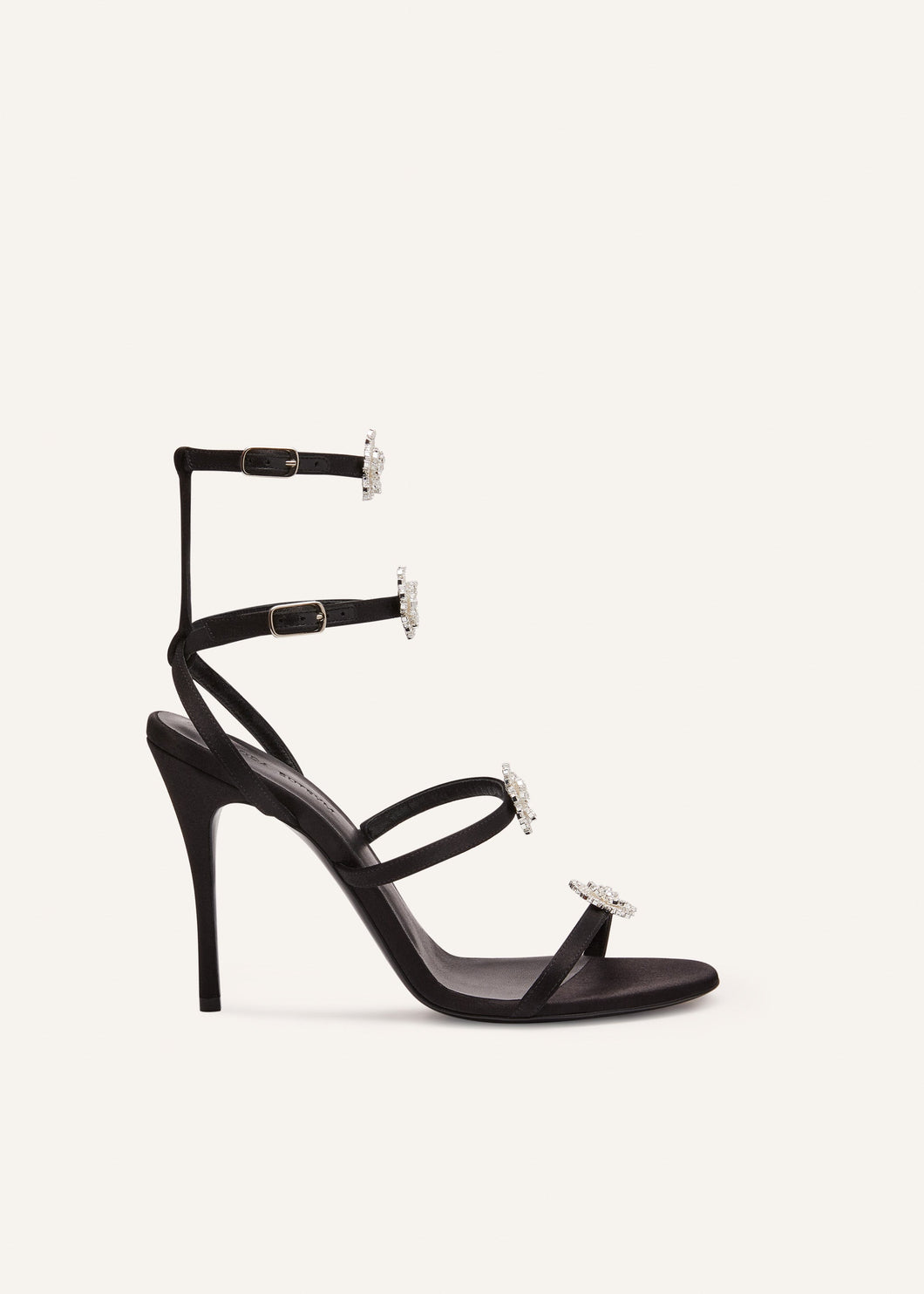 RE23 STRAPPY SANDAL BLACK SATIN CRYSTAL FLOWERS