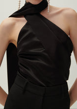 Load image into Gallery viewer, Silk wrap neck top in black
