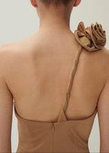 Load image into Gallery viewer, One shoulder rose appliqué jersey midi dress in beige
