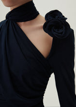 Load image into Gallery viewer, Long sleeve wrap neck mini dress in navy
