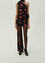 Load image into Gallery viewer, Wrap neck mini dress in black print
