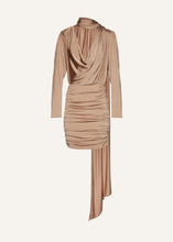 Load image into Gallery viewer, Long sleeve draped silk mini dress in beige
