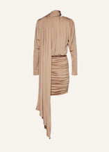 Load image into Gallery viewer, Long sleeve draped silk mini dress in beige
