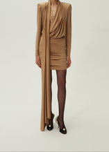 Load image into Gallery viewer, Long sleeve draped silk mini dress in beige
