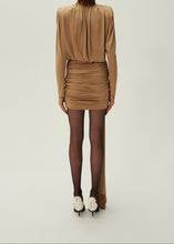 Load image into Gallery viewer, Long sleeve draped silk mini dress in beige
