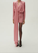 Load image into Gallery viewer, Long sleeve draped silk mini dress in pink
