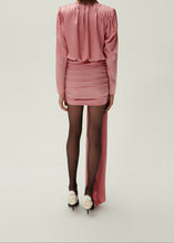 Load image into Gallery viewer, Long sleeve draped silk mini dress in pink
