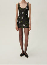 Load image into Gallery viewer, Leather scoop neck mini dress in rose embroidery
