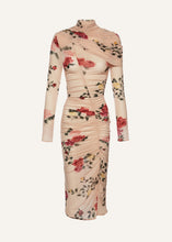 Load image into Gallery viewer, Draped high neck midi dress in beige print
