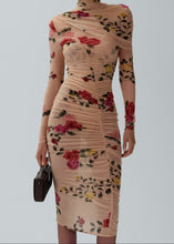 Load image into Gallery viewer, Draped high neck midi dress in beige print
