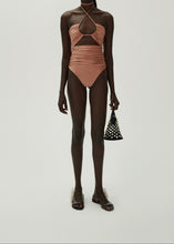 Load image into Gallery viewer, Criss cross halter swimsuit in metallic blush

